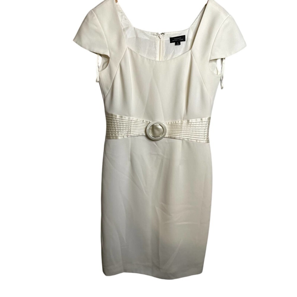 Tahari Arthur S. Levine Ivory Dress Square Neck Belted Sheath Career‎